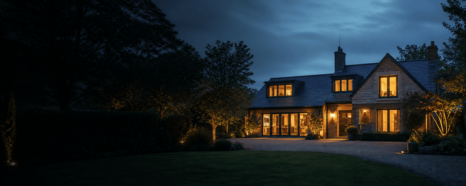 Warmly lit British family home at dusk